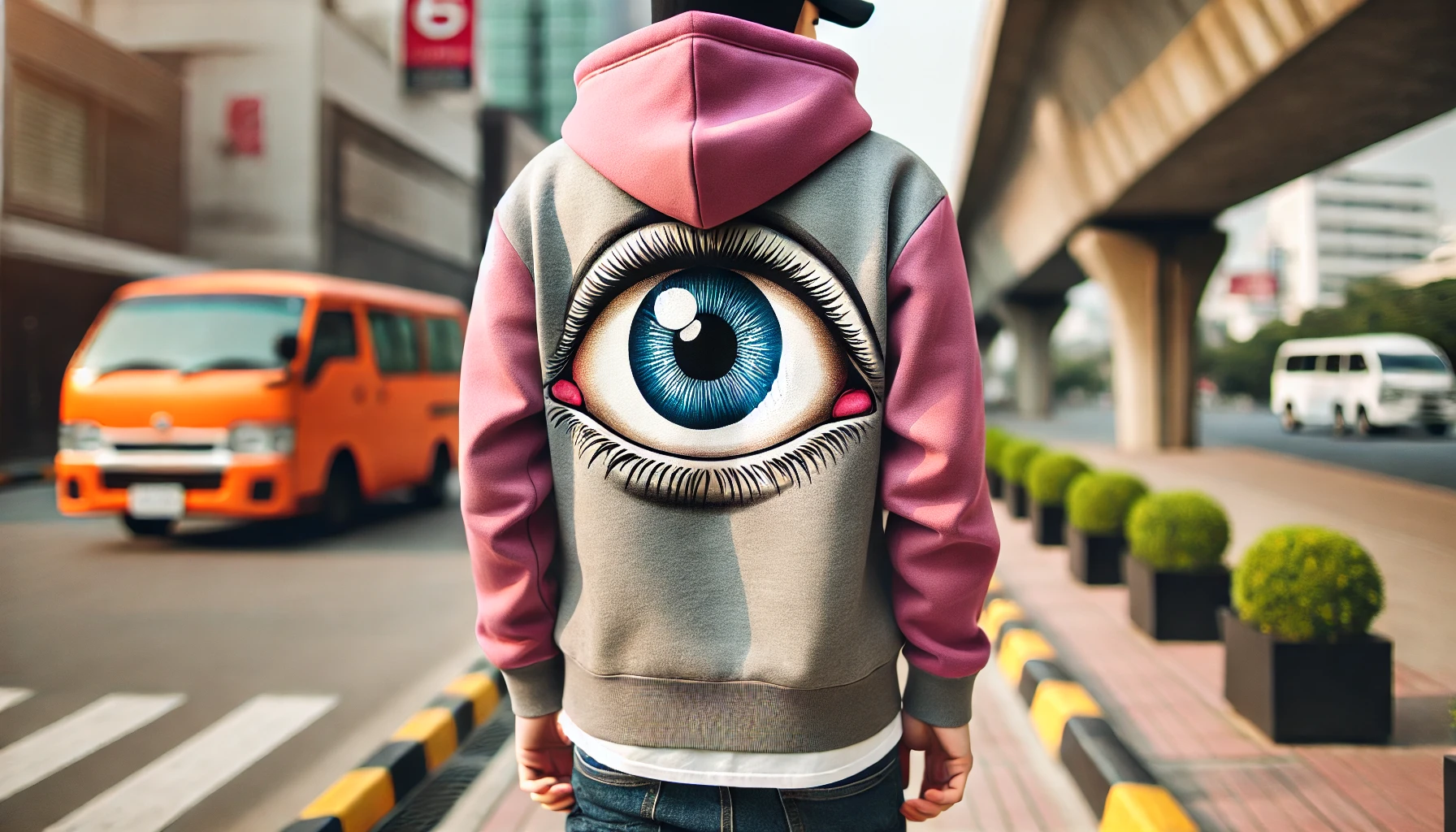 A trendy hoodie with a pair of eyes printed on the back of the hood, giving the impression of the hoodie "watching" behind the wearer, set against an urban outdoor background.