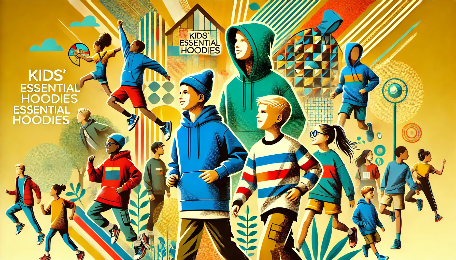 A group of diverse children wearing colorful and trendy hoodies, playing outdoors in a park, showcasing the versatility and timeless appeal of kids' essential hoodies.