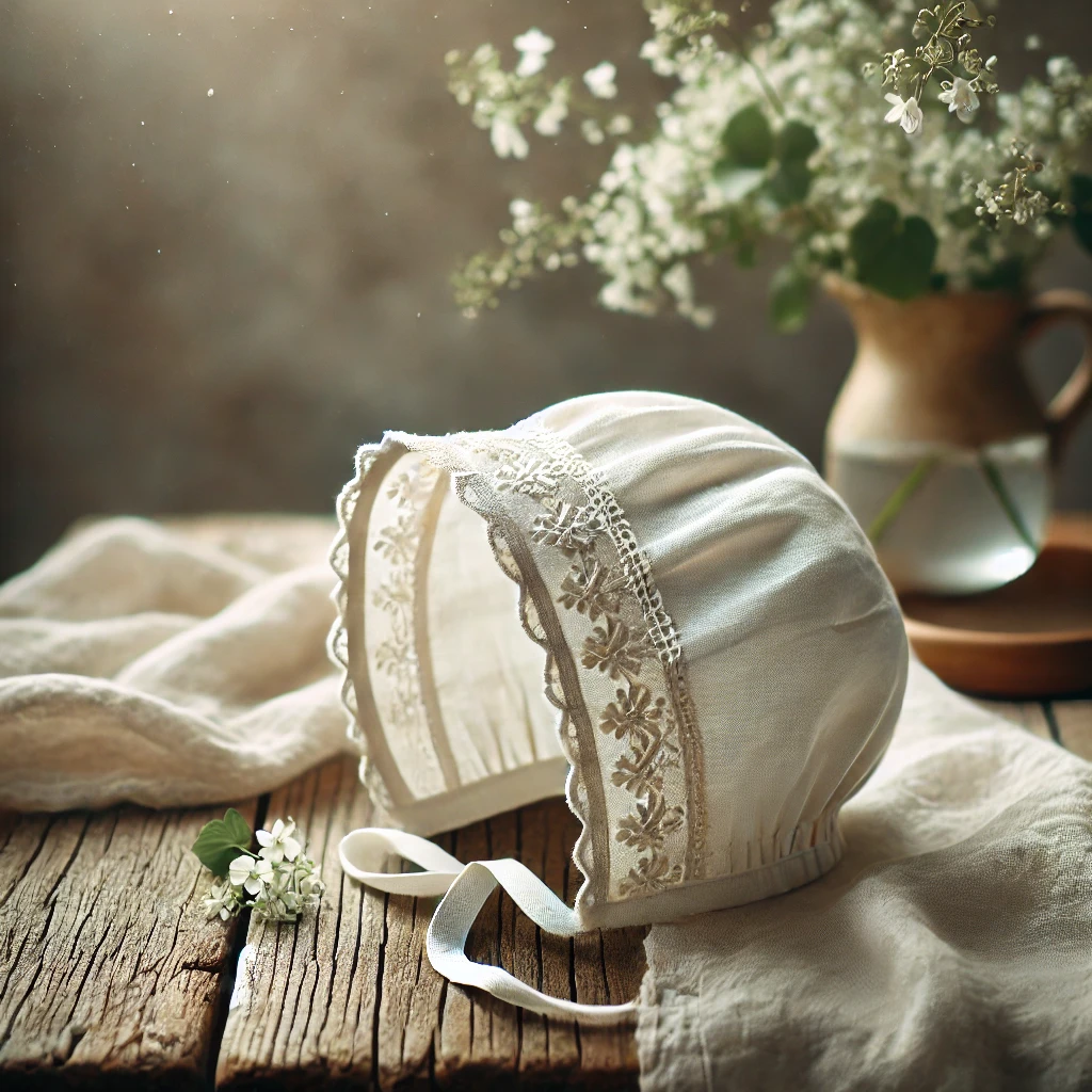 Handmade white linen bonnet for women with lace details, displayed on a rustic wooden table under natural lighting.